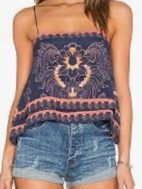 Free People Navy Floral Paisley Spaghetti-Strap Camisole with Coral Trim. 🔥 Fire